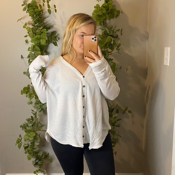 Urban Outfitters Sweaters - Urban Outfitters White Waffle Knit Thermal L
